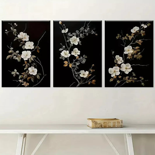 3pcs Modern Dark Simple Style Natural Flower Wall Art Set Canvas Framed 40x60cm - High Quality Print 100% Australian Made Wall Canvas Ready to Hang