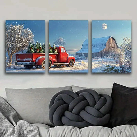 3pcs Christmas Tree Red Truck Nature Perfect Wall Art Set Canvas Framed 40x60cm - High Quality Print 100% Australian Made Wall Canvas Ready to Hang