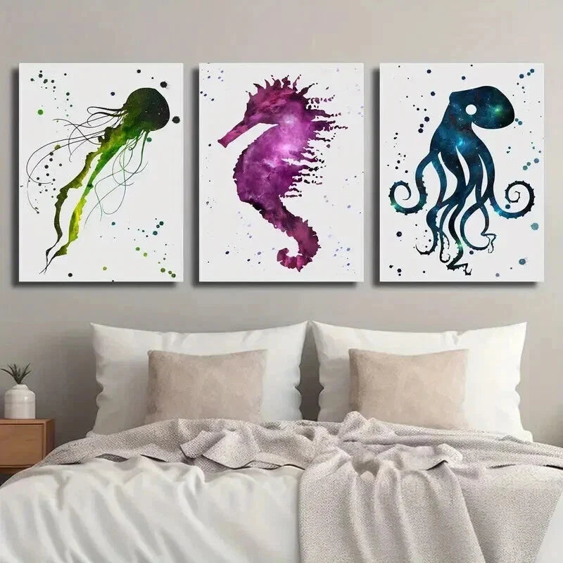 3pcs Colorful Starry Sky with Jellyfish Seahorse Wall Art Set Canvas Framed 40x60cm - High Quality Print 100% Australian Made Wall Canvas Ready to Hang