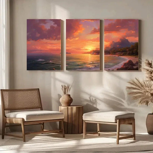 3pcs Sunset Seascape Landscape, Modern Classic Metal Print Ready to Hang Art
