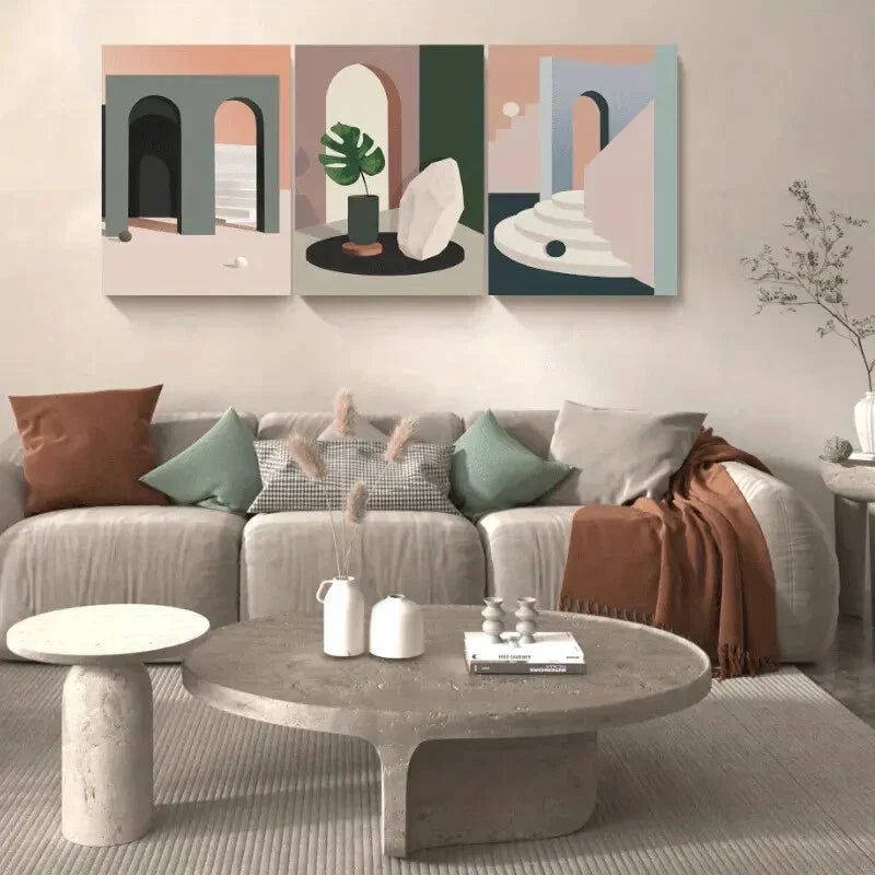 3pcs Abstract Charming Green Leaf Geometric Shapes Metal Print Ready to Hang Art