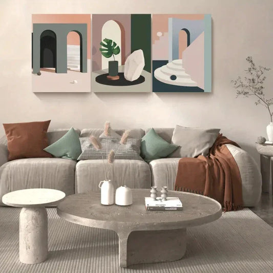 3pcs Abstract Charming Green Leaf Geometric Shapes Metal Print Ready to Hang Art