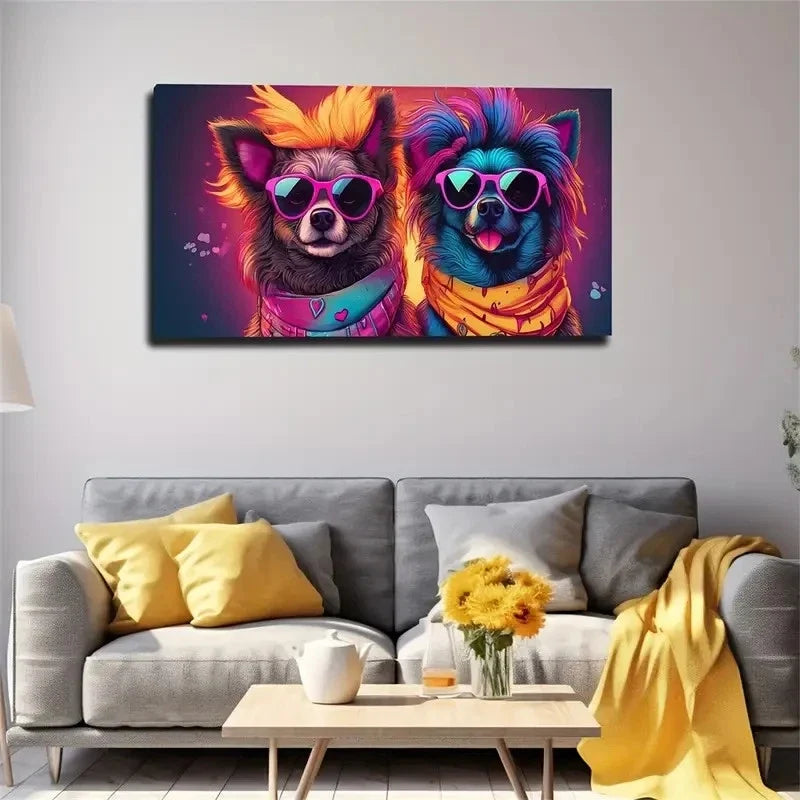 Vibrant Dogs In Fashion Glasses Wall Art Canvas Office Home Room Framed 120x60cm