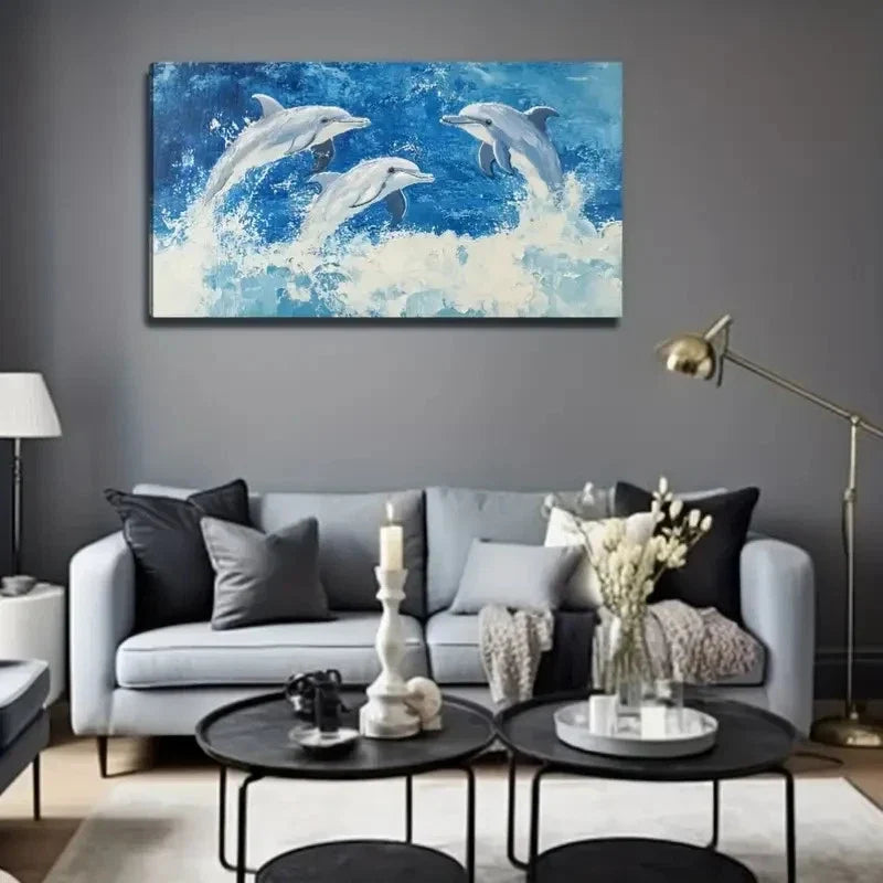Happy Dolphin Vibrant Ocean Wall Art Canvas Office Home Room Framed 80x45cm
