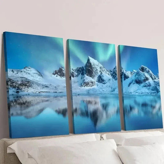 3pcs Northern Lights Over Lake in Norway Wall Art Set Canvas Framed 40x60cm - High Quality Print 100% Australian Made Wall Canvas Ready to Hang