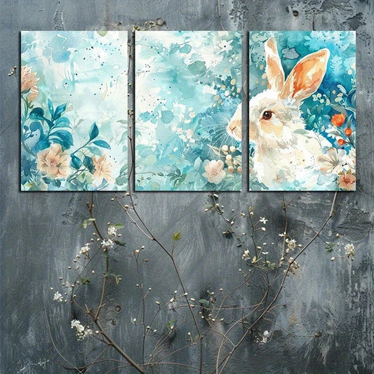 3pcs Cutest White Bunny Painting Blue & White Metal Print Ready to Hang Art