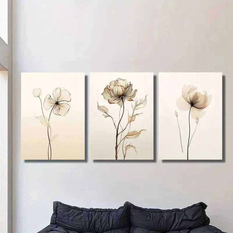 3pcs Retro Beige Floral Illustration Wall Art Set Canvas Framed 40x60cm - High Quality Print 100% Australian Made Wall Canvas Ready to Hang