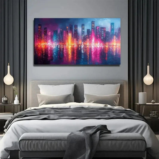 Vibrant Neon City Lights Wall Art Canvas Office Home Room Framed 80x45cm