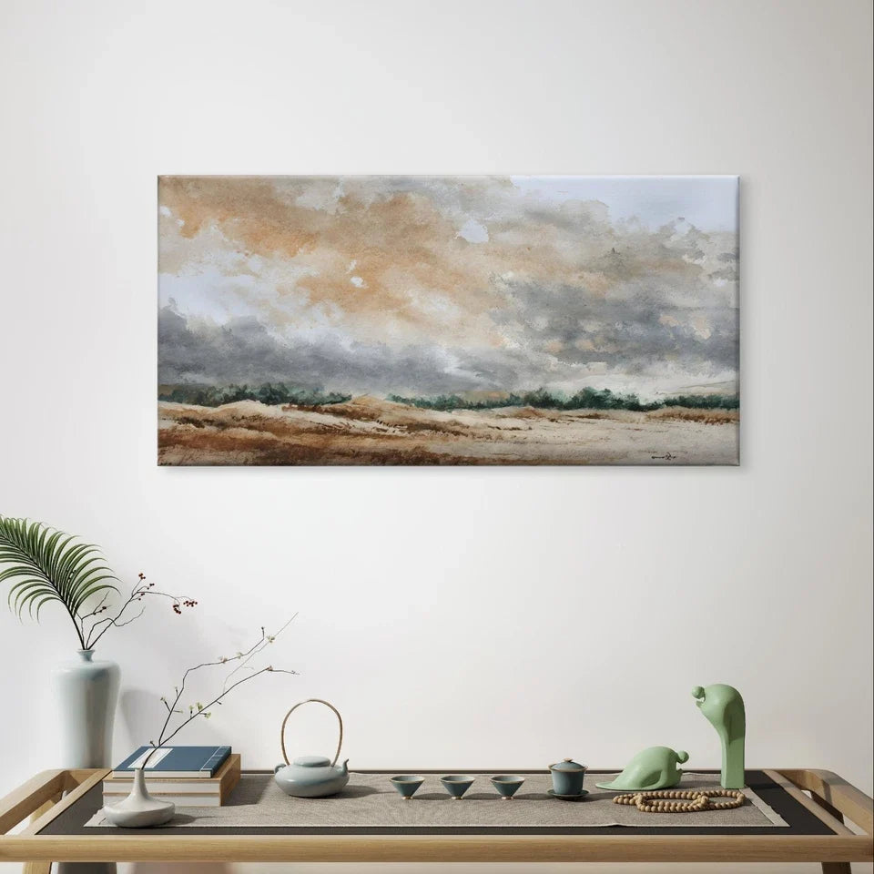 Watercolour Landscape Neutral Muted Wall Art Canvas Office Home Framed 120x60cm