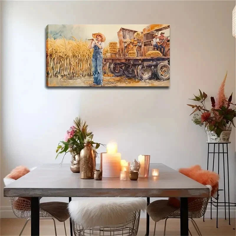 A Farmer Standing Beside Straw Wall Art Canvas Office Home Room Framed 80x45cm