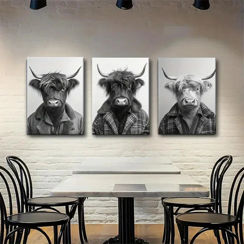 3pcs Highland Cow Portrait Fluffy Black Perfect Wall Art Set Canvas Framed 40x60cm - High Quality Print 100% Australian Made Wall Canvas Ready to Hang