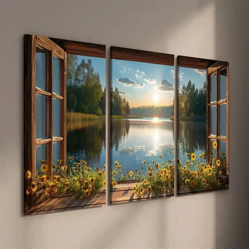3pcs Flowers and Lake Scenery in the Sunset Wall Art Set Canvas Framed 40x60cm - High Quality Print 100% Australian Made Wall Canvas Ready to Hang