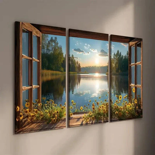 3pcs Flowers and Lake Scenery in the Sunset Wall Art Set Canvas Framed 40x60cm - High Quality Print 100% Australian Made Wall Canvas Ready to Hang