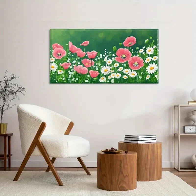 Vibrant Daisy & Poppy Décor Wall Art Canvas Office Home Room Framed 120x60cm