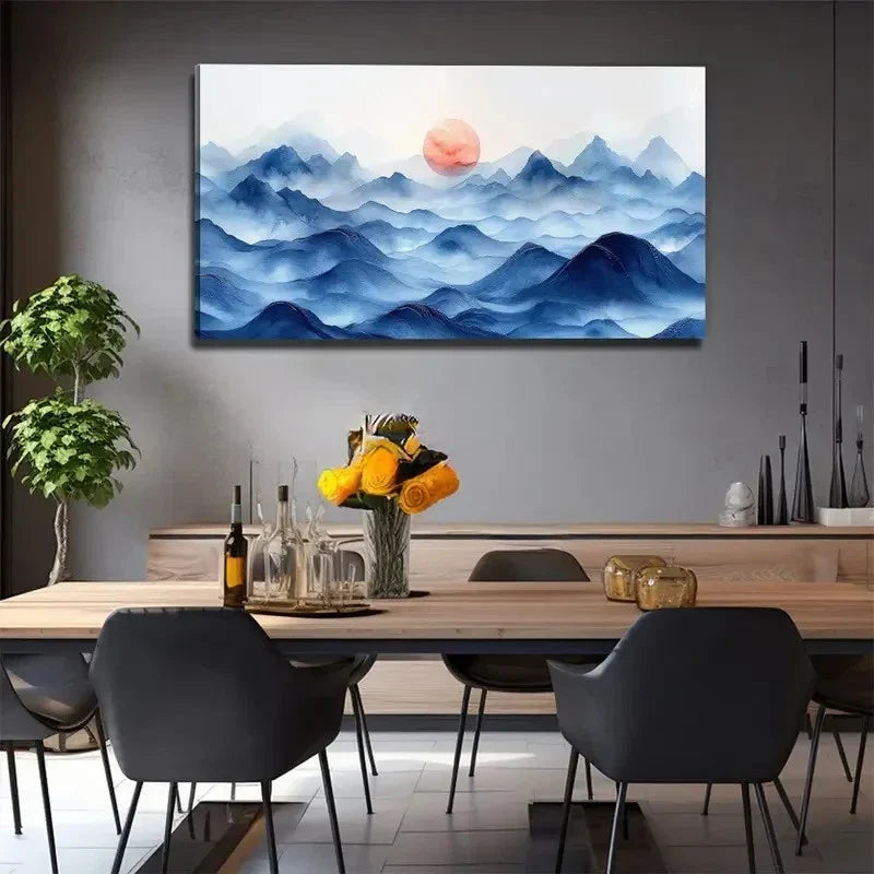 Blue Mountain Sunrise Bohemian Wall Art Canvas Office Home Room Framed 80x45cm