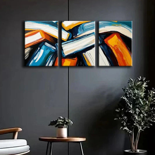 3pcs Abstract Painting Blocks Blue White Gold Metal Print Ready to Hang Art