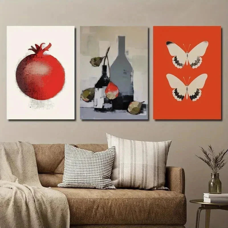3pcs Vintage Pomegranate Wine Bottle & Butterfly Wall Art Set Canvas Framed 40x60cm - High Quality Print 100% Australian Made Wall Canvas Ready to Hang