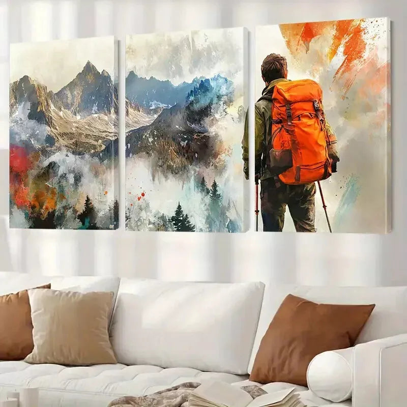 3pcs Mountain And Hiker & Snow-Capped Peaks Wall Art Set Canvas Framed 40x60cm - High Quality Print 100% Australian Made Wall Canvas Ready to Hang