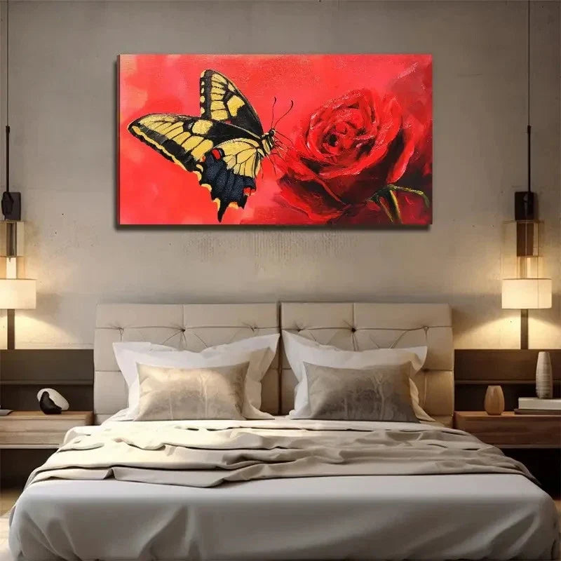 Fluttering Butterfly Rose Wall Art Canvas Office Home Room Framed 120x60cm