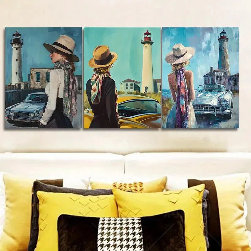 3pcs The girl by the old car Metal Print Ready to Hang Art