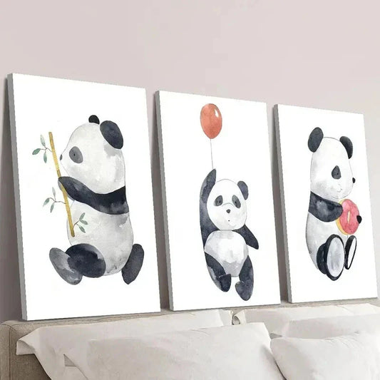 3pcs Panda with Bamboo Balloon & Dessert Wall Art Set Canvas Framed 40x60cm - High Quality Print 100% Australian Made Wall Canvas Ready to Hang