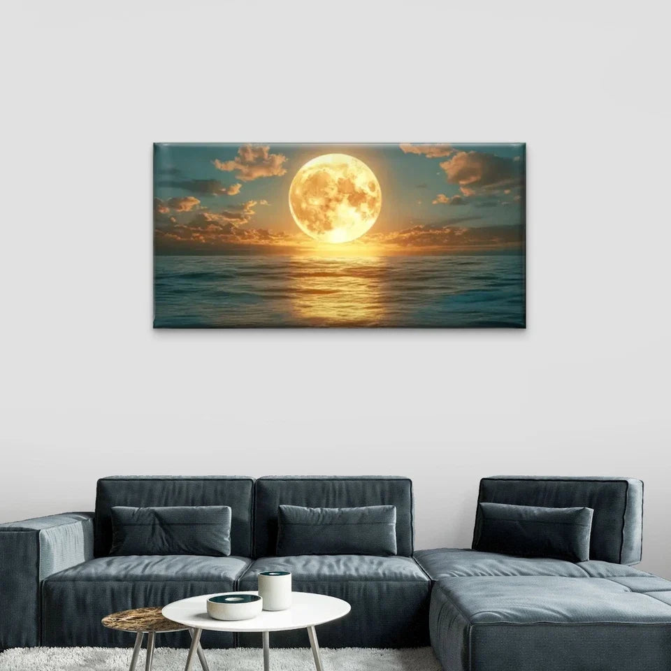 Moon Over Ocean Calm Wall Art Canvas Office Home Room Framed 120x60cm