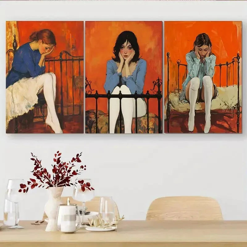 3pcs Vintage Style Girl Portraits Triptych Wall Art Set Canvas Framed 40x60cm - High Quality Print 100% Australian Made Wall Canvas Ready to Hang