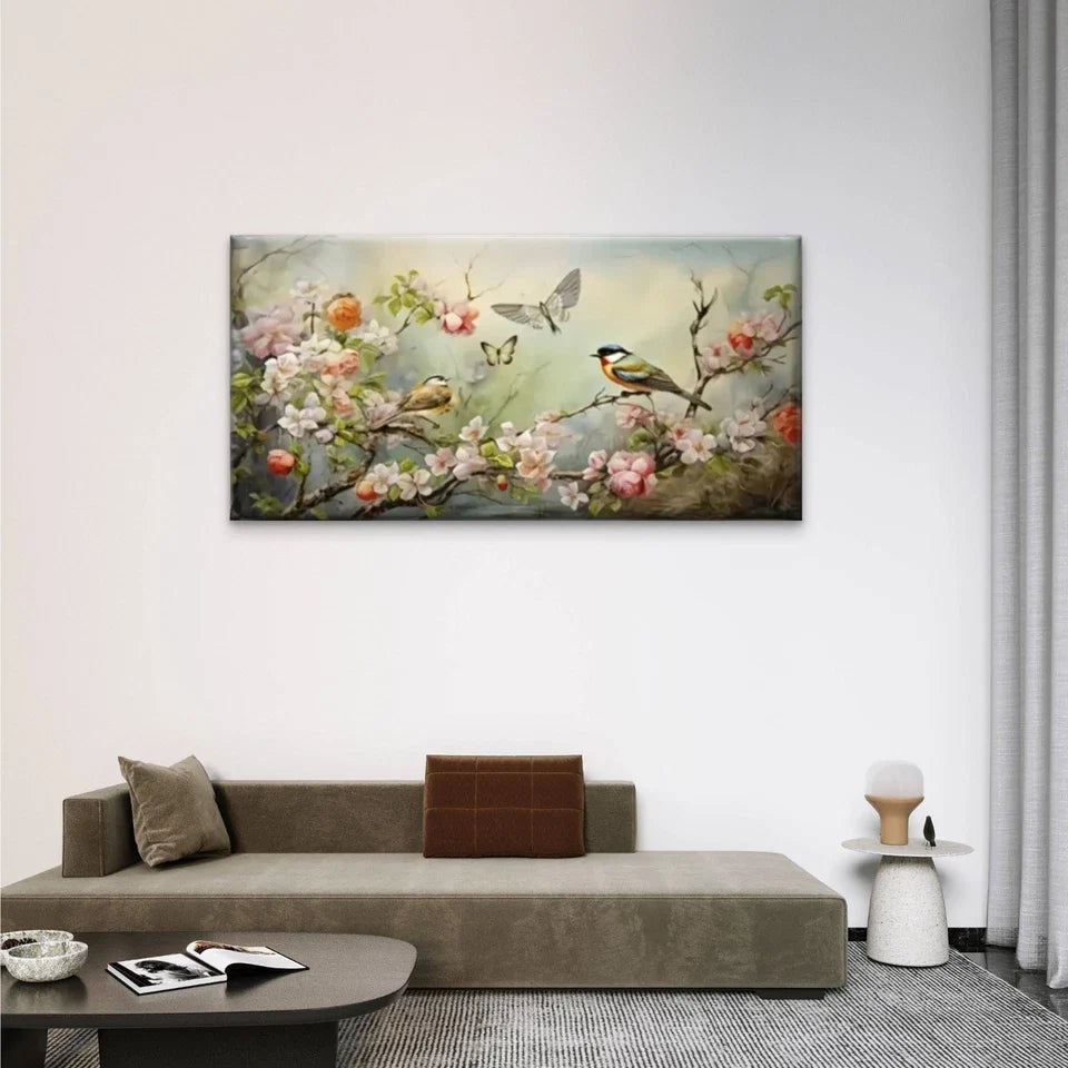 Birds And Flowers On Branch Wall Art Canvas Office Home Room Framed 80x45cm