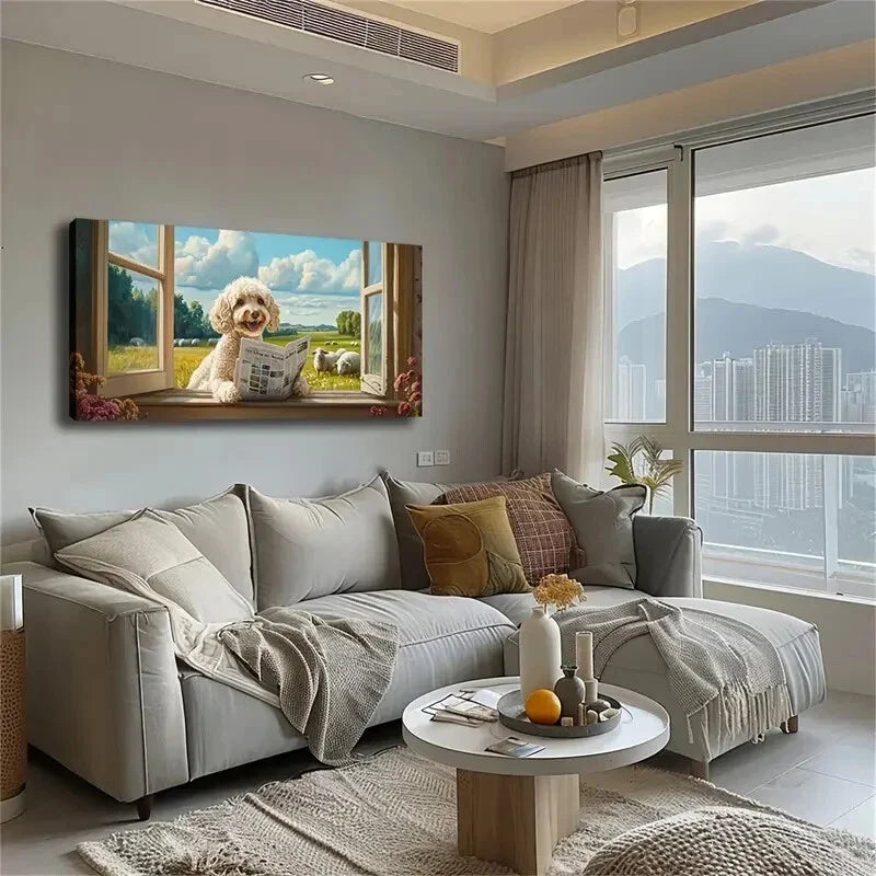 Adorable Dog Reading Newvcspaper Wall Art Canvas Office Home Room Framed 120x60cm