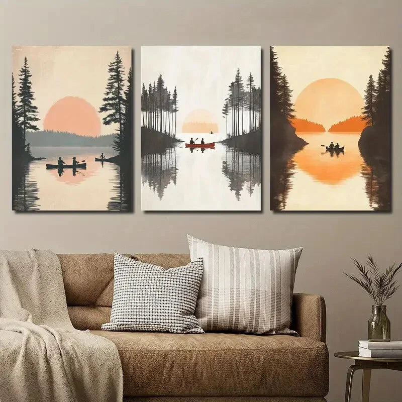 3pcs Sunset Lake Forest Wall Art Set Canvas Framed 40x60cm - High Quality Print 100% Australian Made Wall Canvas Ready to Hang