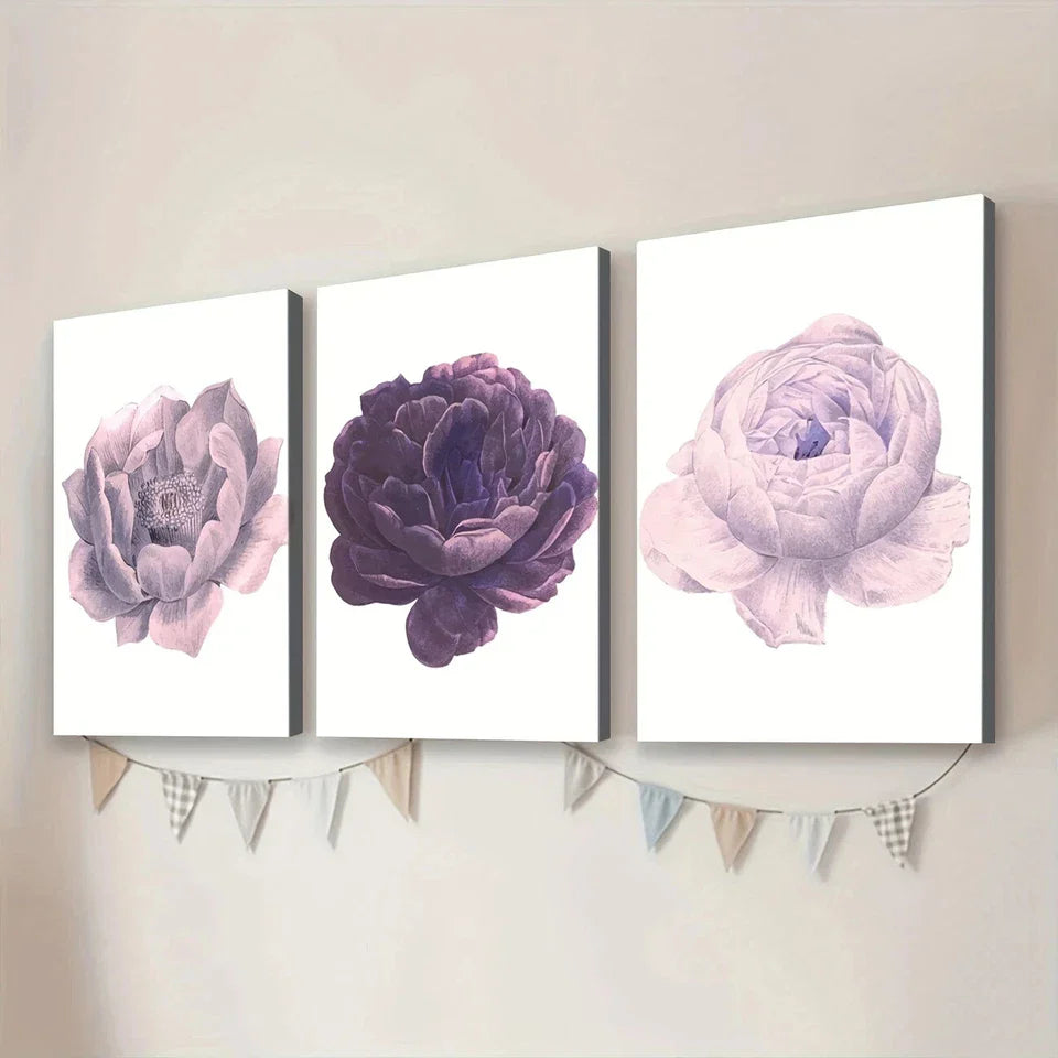 3pcs Purple Flower Elegant Art White Light Rose Wall Art Set Canvas Framed 40x60cm - High Quality Print 100% Australian Made Wall Canvas Ready to Hang