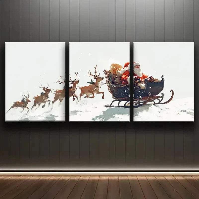 3pcs Santa Claus & Reindeer Sleigh White Snow Wall Art Set Canvas Framed 40x60cm - High Quality Print 100% Australian Made Wall Canvas Ready to Hang