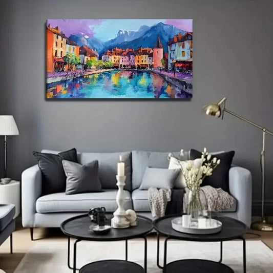 Charming European Townscape Wall Art Canvas Office Home Room Framed 120x60cm