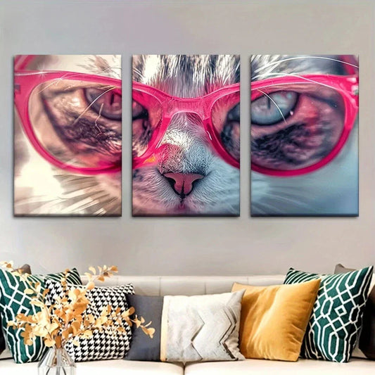 3pcs Animal Cat Wearing Pink Glasses Style Metal Print Ready to Hang Art