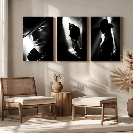 3pcs Western Black and White Cowboy Cowgirl Metal Print Ready to Hang Art
