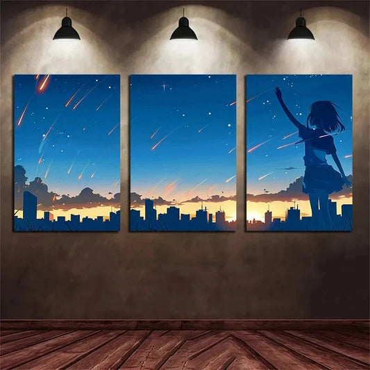 3pcs Silhouette Anime Girl Holding Up Her Hand Metal Print Ready to Hang Art