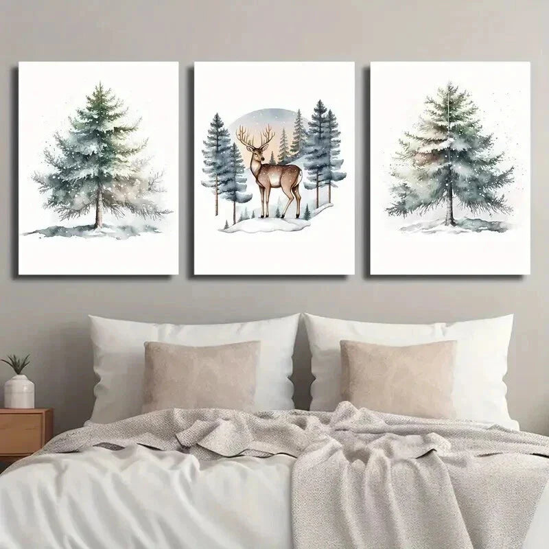 3pcs Reindeer in the Forest & Christmas Tree Wall Art Set Canvas Framed 40x60cm - High Quality Print 100% Australian Made Wall Canvas Ready to Hang