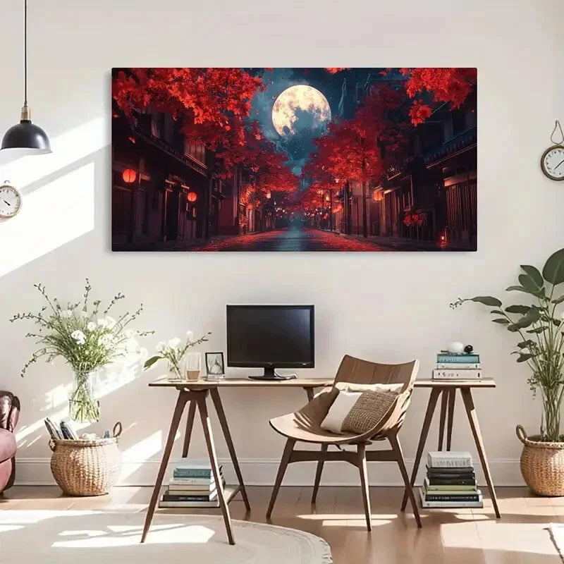 Night Scenes Red Leave Lantern Wall Art Canvas Office Home Room Framed 120x60cm