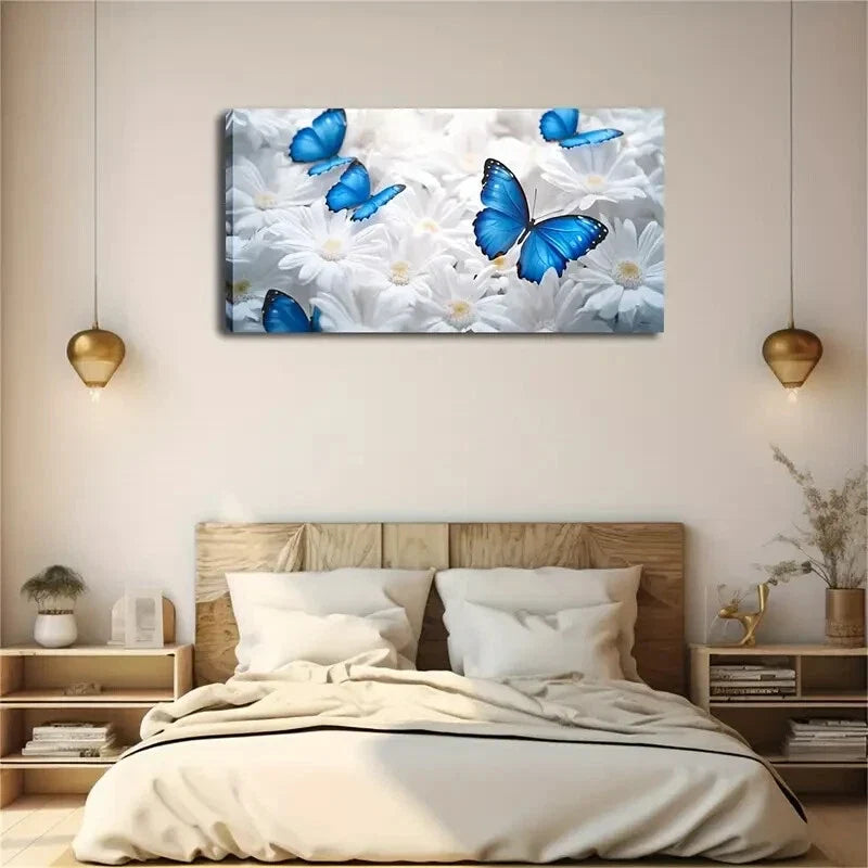 Blue Butterflies & White Flower Wall Art Canvas Office Home Room Framed 120x60cm