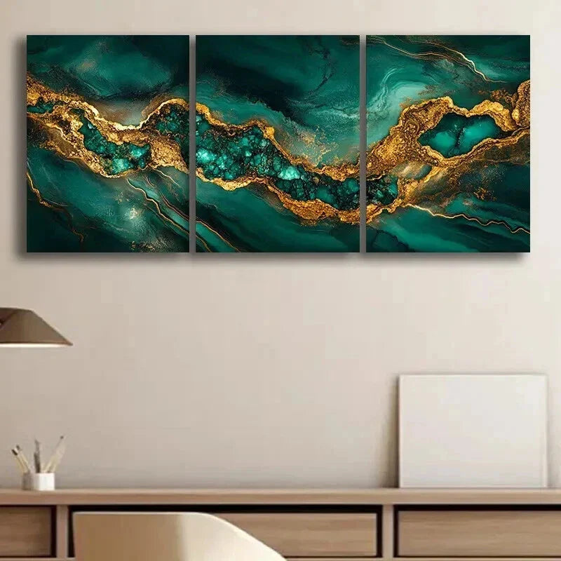 3pcs Luxurious Gold & Green Abstract Marble Wall Art Set Canvas Framed 40x60cm - High Quality Print 100% Australian Made Wall Canvas Ready to Hang