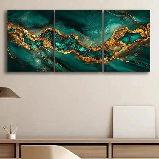3pcs Luxurious Gold & Green Abstract Marble Wall Art Set Canvas Framed 40x60cm - High Quality Print 100% Australian Made Wall Canvas Ready to Hang