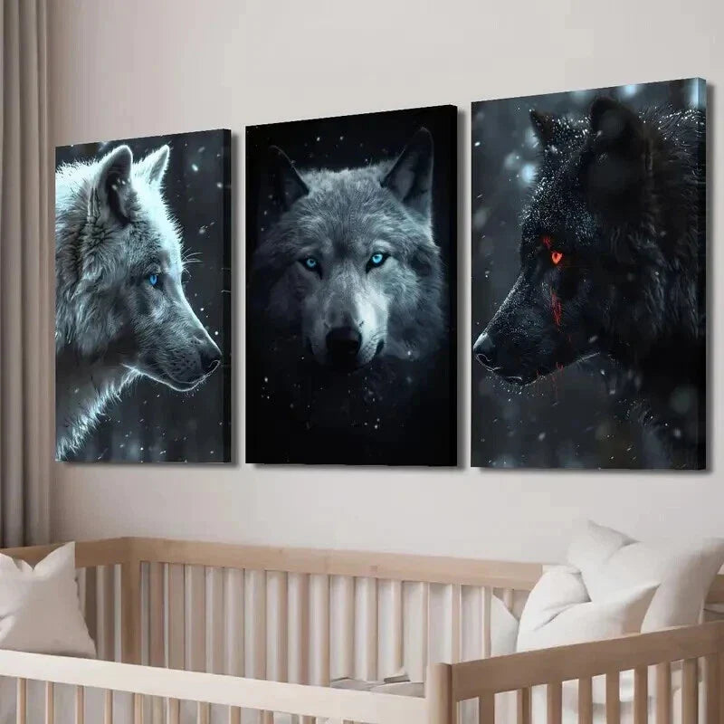 3pcs White And Black Glowing Eyes Wolves Wall Art Set Canvas Framed 40x60cm - High Quality Print 100% Australian Made Wall Canvas Ready to Hang