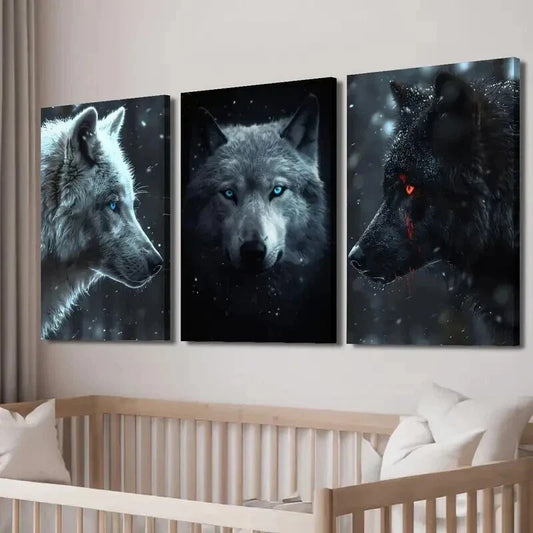 3pcs White And Black Glowing Eyes Wolves Wall Art Set Canvas Framed 40x60cm - High Quality Print 100% Australian Made Wall Canvas Ready to Hang