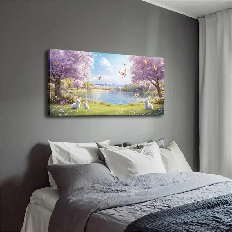 Three White Rabbits Lying Grass Wall Art Canvas Office Home Room Framed 120x60cm