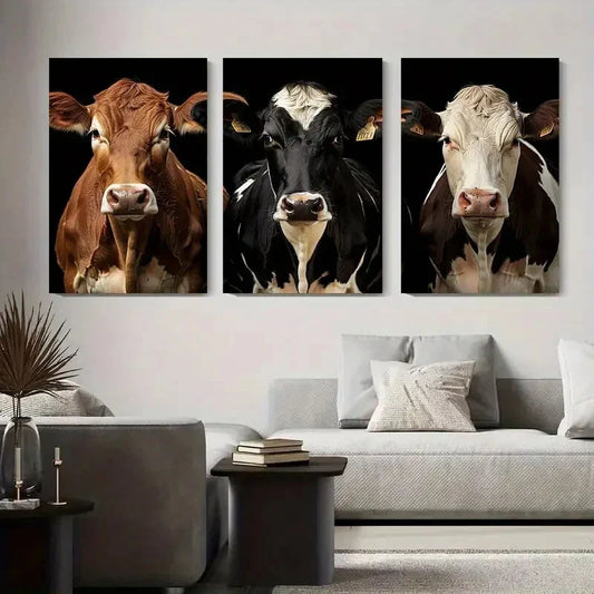 3pcs Stunning Farm Animal Bold Black & Brown Metal Print Ready to Hang Art