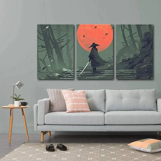 3pcs Samurai Standing on Stairs in Night Forest Metal Print Ready to Hang Art