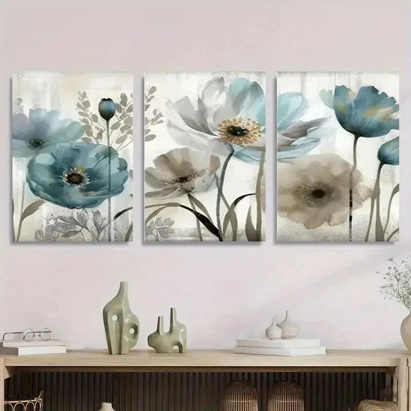 3pcs Elegant Blue and Beige Floral Metal Print Ready to Hang Art