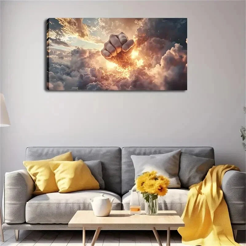 Fist Breaking Through Clouds Wall Art Canvas Office Home Room Framed 120x60cm