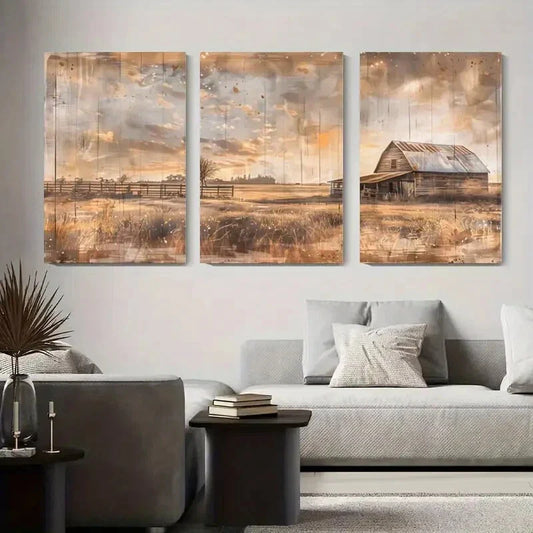 3pcs Vintage Countryside Landscape with Barn Metal Print Ready to Hang Art