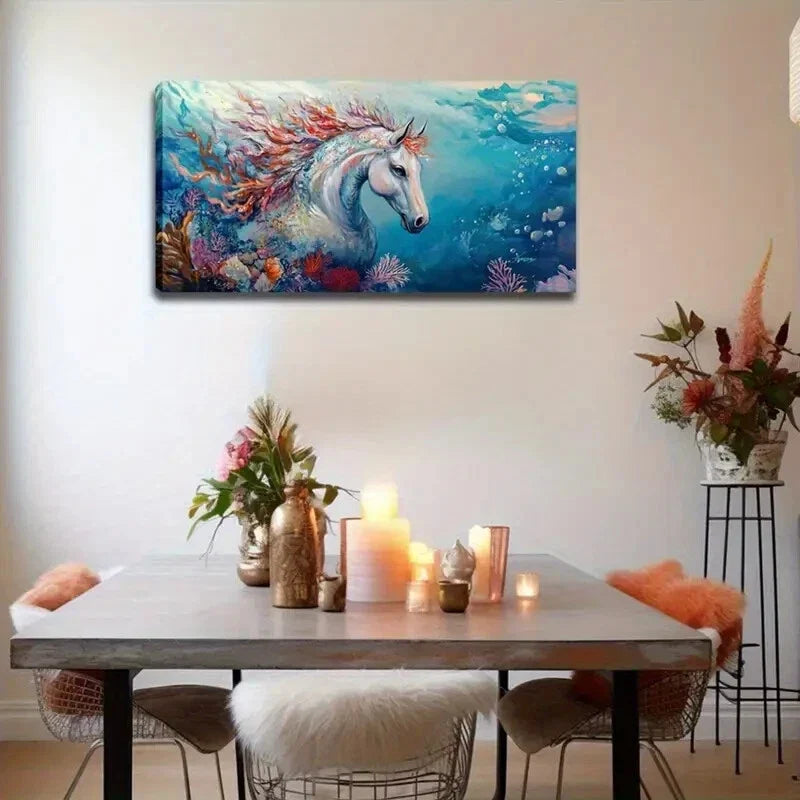 White Horse with Vibrant Coral Wall Art Canvas Office Home Room Framed 120x60cm